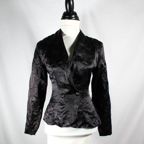 Vintage 1980s Black Sateen Floral Tuxedo Style Jacket Small Gothic Vampire - Picture 1 of 16